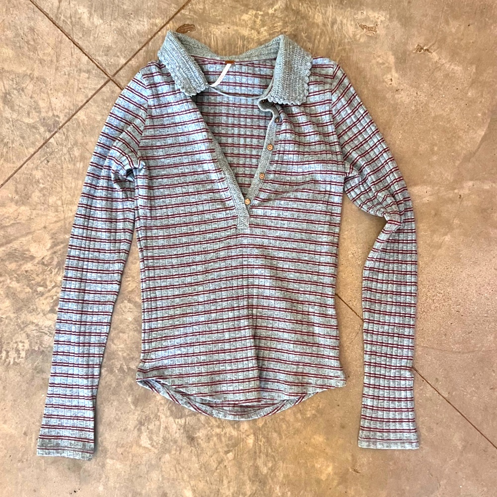 Free People Women's Icy Blue Striped Collared Knitted Delilah Blouse Top Size S